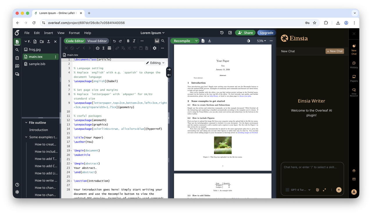 Using Einsia in Overleaf